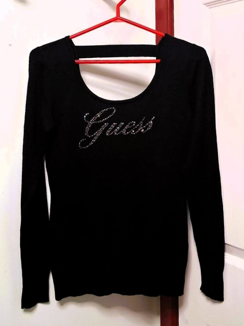 GUESS Crystal Rhinestone Logo Long Sleeve Knit Top Scoop Neck Cutout Glam Y2K